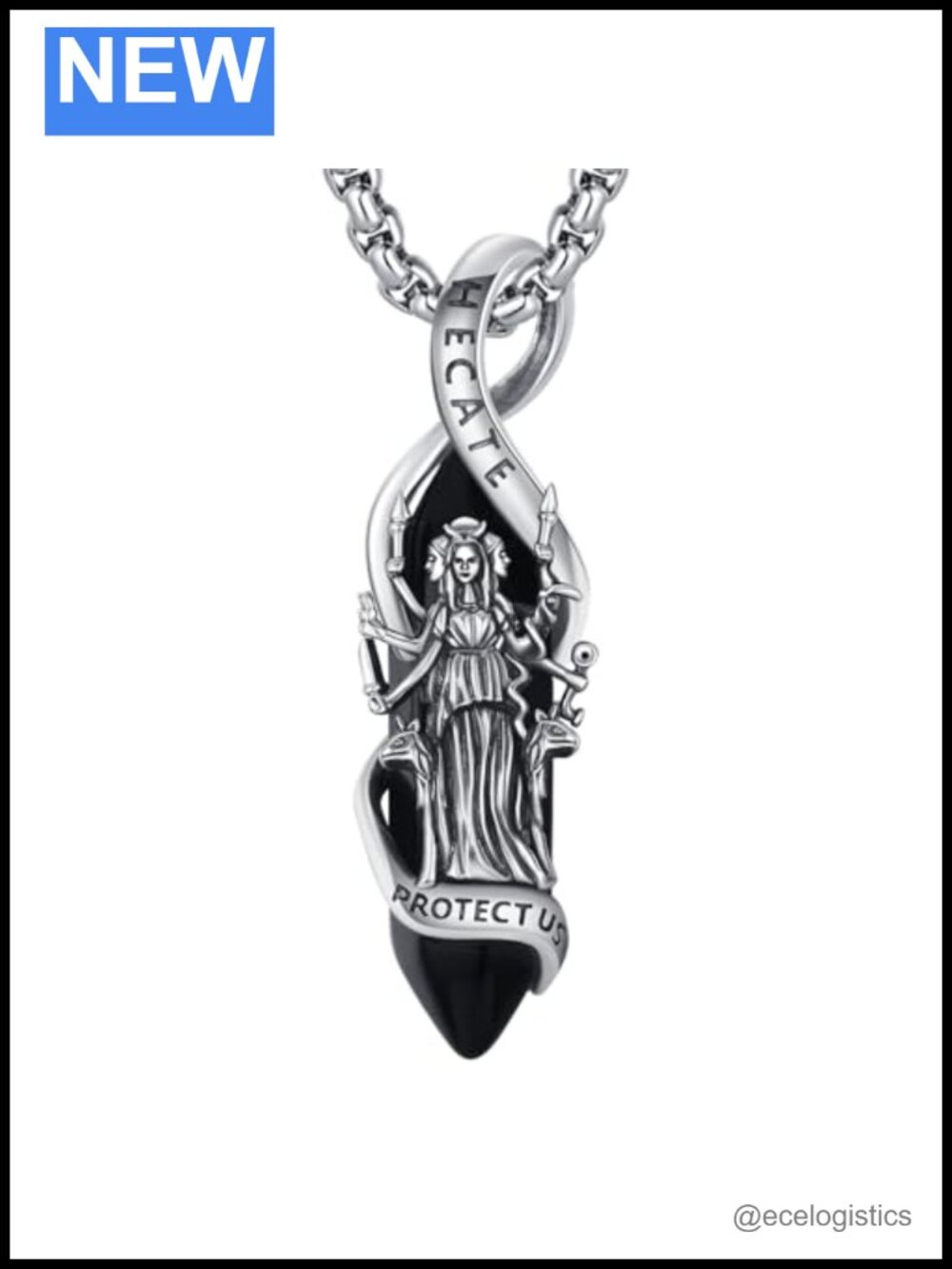 Hecate Triple Goddess Pendant Necklace 925 Sterling Silver Black Crystal